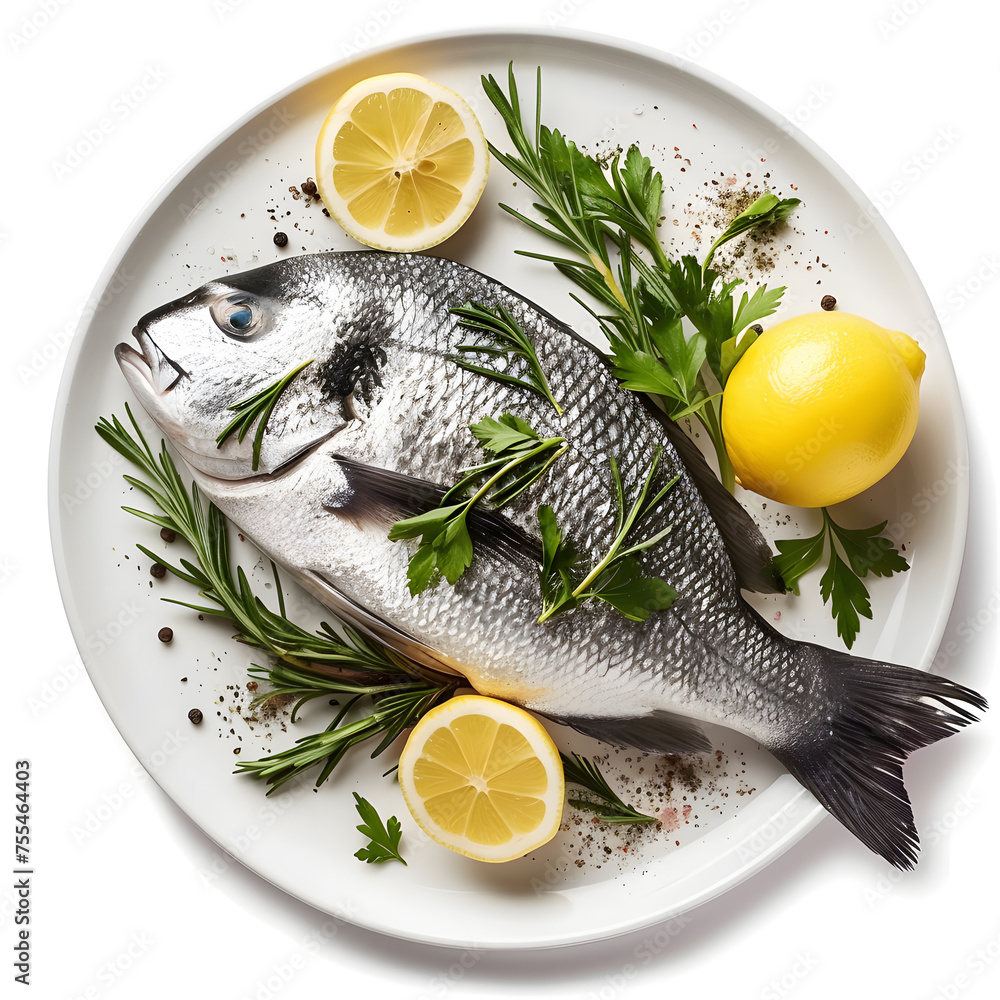 Fresh raw fish, dorado on a plate with herbs and slices of lemon, top view isolated on white