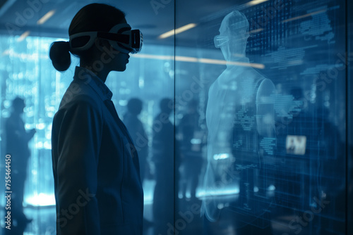 Futuristic illustration of a woman using virtual reality spatial computer goggles VR glasses headset in his daily work activity tasks with 3d digital projection © Roman
