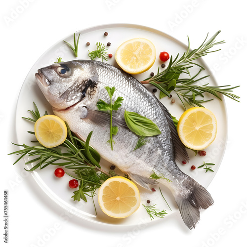 Fresh raw fish, dorado on a plate with herbs and slices of lemon, top view isolated on white