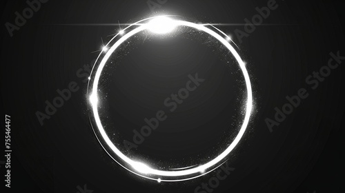Realistic modern illustration of a white neon glowing circle with bright sparkles and streaks. Shiny glare ring with rays and highlights.