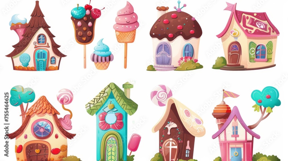Sweet candy land houses with ice cream and berries, shaped like cake and cookies, made with chocolate and lollipops. Cartoon modern illustration set.