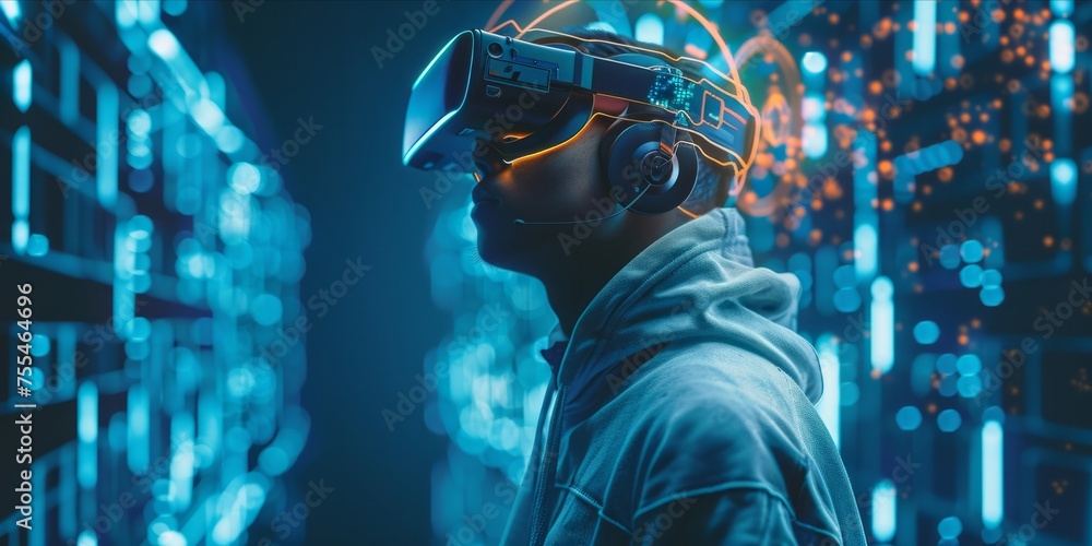 Fototapeta premium Individual in a VR headset with illuminated digital graphics.