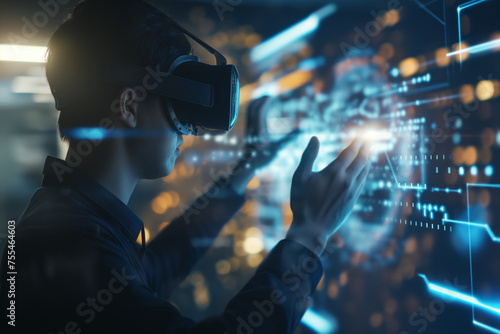 Futuristic illustration of a man using virtual reality spatial computer goggles VR glasses headset in his daily work activity tasks with 3d digital projection photo