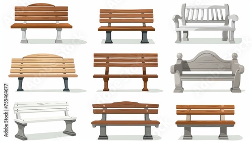 The modern design illustration features a 3D set of wooden benches with a white background. It consists of pieces of white, gray, and brown wood and represents city park furniture for rest. The