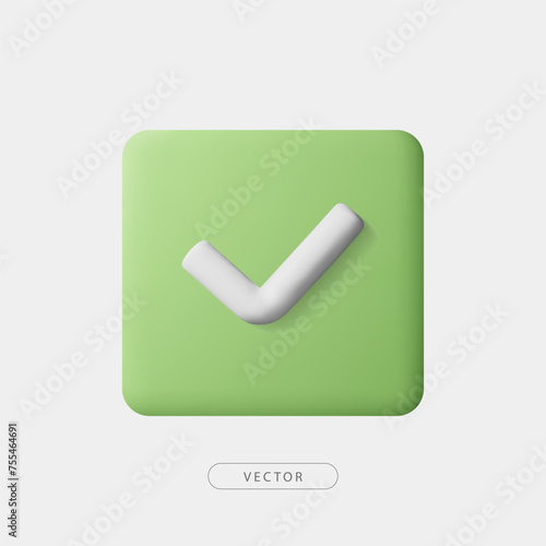 3d green square checkmark icon. Valid or validated, verified label or certified symbol. Isolated on white background. 3d Approval or success icon. Vector illustration