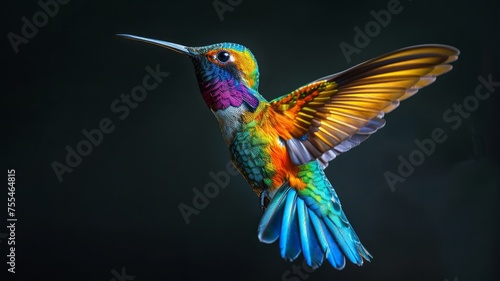 Radiant hummingbird in mid-flight showcasing vibrant plumage, black backdrop © FoxGrafy