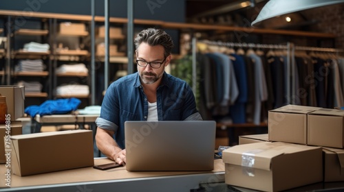 A small business owner works on their laptop preparing aesthetic packaging for products like boxes for customers. It has an e-commerce concept, SME business online concept. © inthasone