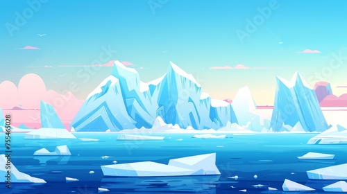 Arctic landscape with water and icebergs. Polar scene with iceberg floating in water. Polar scenery with glaciers  snow mountains  and ice blocks. Cold northern horizon...