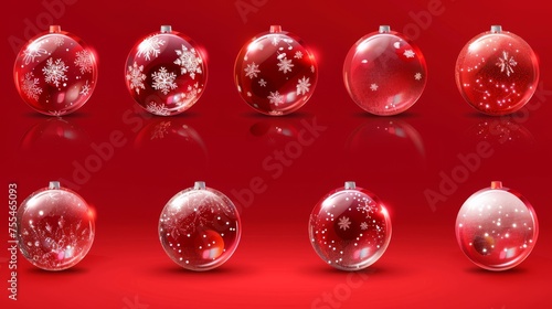 An empty xmas crystal sphere with twinkling lights on a red background. A realistic modern illustration set of transparent balls.