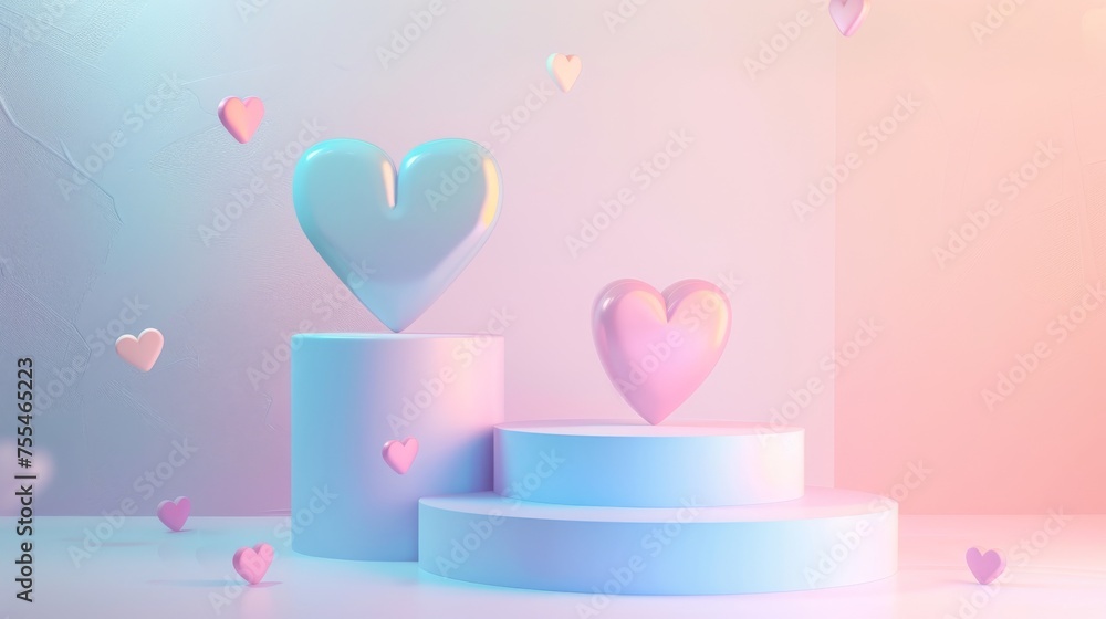 The mockup includes a heart shape two steps product podium with floating romantic symbols on a pastel holographic gradient background. You can customize the design to your liking.