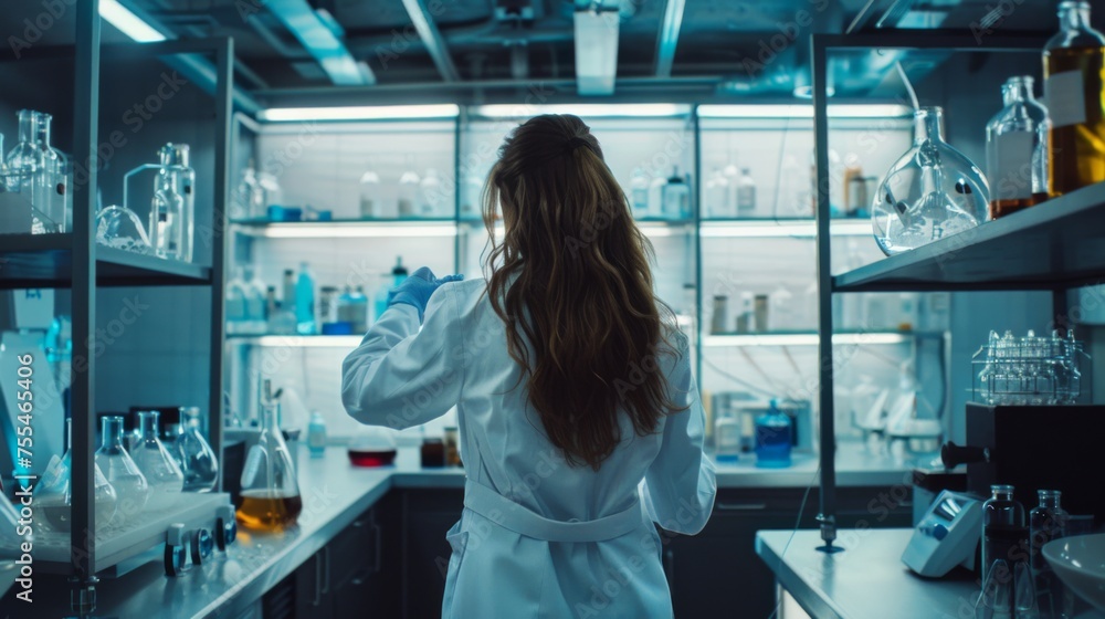 Back view of a female pharmacist in a white lab coat contemplating shelves with medications in a modern pharmacy. Back view of a female pharmacist in a white lab coat contemplating shelves with medications in a modern pharmacy.