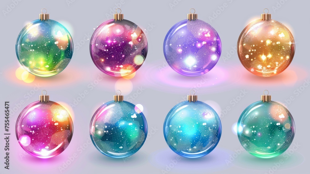 Crystal bubble ornament toy for winter holidays. Christmas tree glass globe decorations. A realistic modern illustration set of colorful, shiny xmas balls with bright sparkles. A New Year crystal Crystal bubble ornament toy for winter holidays. Christmas tree glass globe decorations. A realistic modern illustration set of colorful, shiny xmas balls with bright sparkles. A New Year crystal