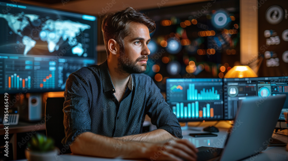 Digital maketer working and socializing - monitor background Digital maketer working and socializing - monitor background