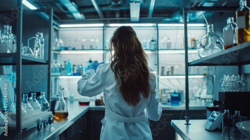  Back view of a female pharmacist in a white lab coat contemplating shelves with medications in a modern pharmacy.
