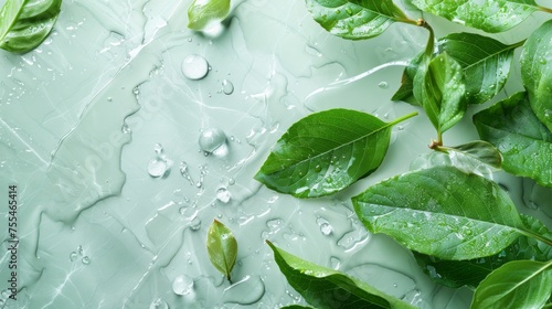 Spa Product Green leaves in water on a light marble background. Summer concept, flat lay, top view. background for the display of natural cosmetics. Nature background for luxury product placement