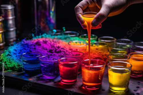 Suspicious laboratory scene. Multicolored beakers, hand pours the liquid into a glass