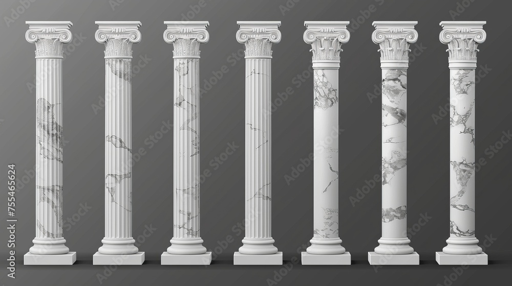 An illustration of ancient Roman and Greek architecture design elements including a classical colonnade, isolating antique marble pillars on a transparent background. An illustration of ancient Roman and Greek architecture design elements including a classical colonnade, isolating antique marble pillars on a transparent background.