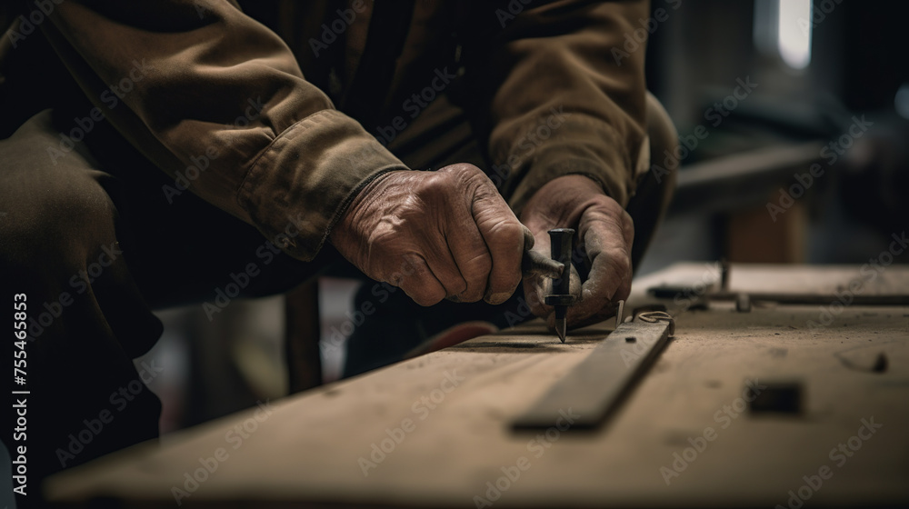 A skilled hands working on a piece of wood, revealing the essence of their artistic craftsmanship A skilled hands working on a piece of wood, revealing the essence of their artistic craftsmanship