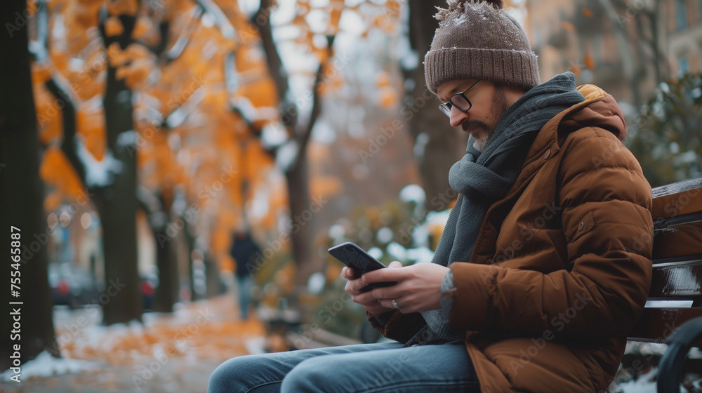 Man using her smartphone in the city, texting and smiling confidently outdoors Man using her smartphone in the city, texting and smiling confidently outdoors