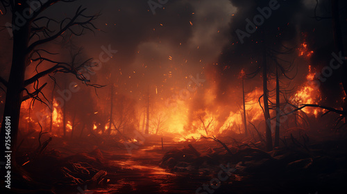 A dense forest becomes engulfed in a captivating display of countless burning trees. Forest fire concept.