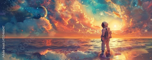 Whimsical Astronaut exploring a tranquil seascape at sunset