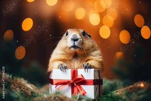 A cute little cheese with a gift box on a festive background with lights. Close-up © BetterPhoto