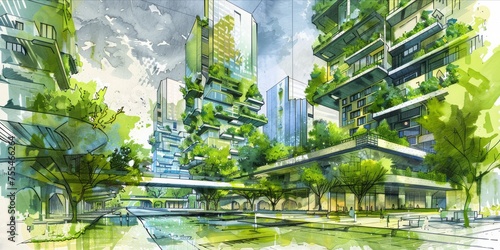 Architectural sketch of a futuristic cityscape with greenery.