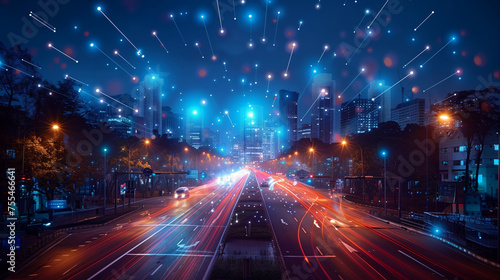 Photo of An urban cityscape with IoT sensors on streetlights and traffic signals