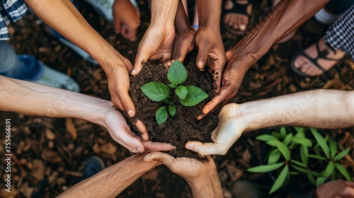 Several hands of people of different ethnicities holding a plant with soil between them all