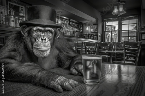 Portrait of a gorilla's face in a black hat. A monkey in a hat is sitting at a table in a bar. Close-up.