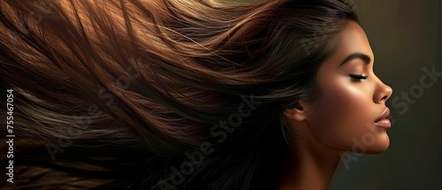portrait of a woman with hair. Side view. The girl s dark  shiny hair.