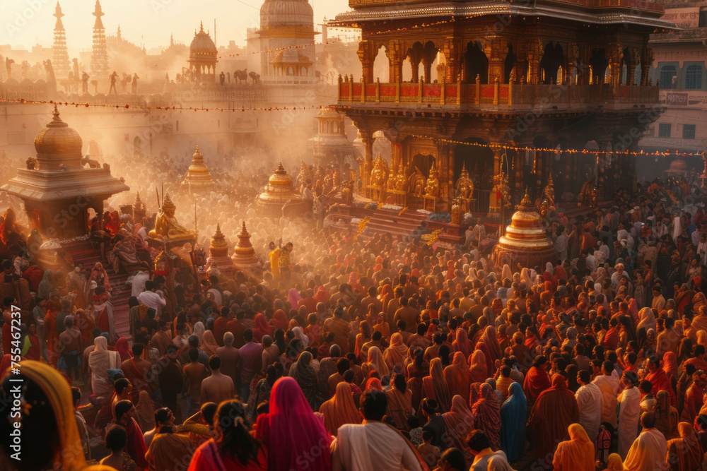 The contrast between the serenity of devotees in prayer and the bustling, lively atmosphere of the festival surroundings. - obrazy, fototapety, plakaty 