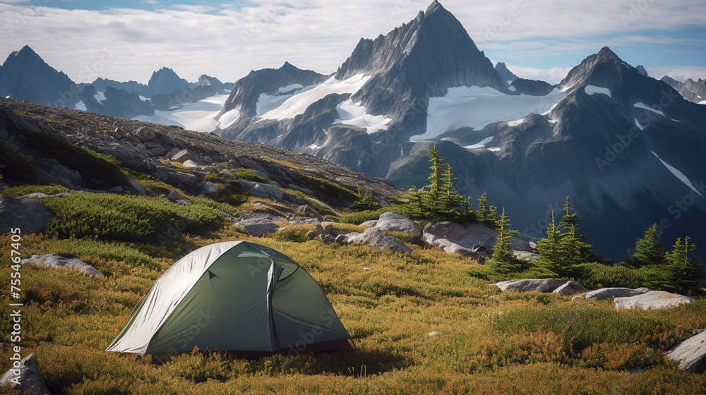 A tent pitched in the mountains under a sunset sky, rugged terrain and the fading light of day.