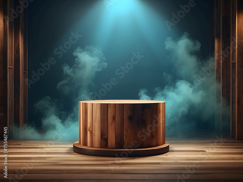 The empty wooden cylinder shape of the product display Podium design, Stands for showing or designing a blank backdrop dark abstract wall with smoke floating up. Platform illuminated by spotlights
