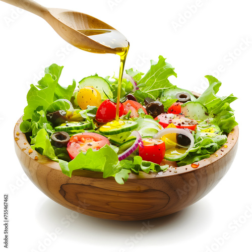 Olive oil pouring into bowl of salad. Healthy eating, vegetarian food