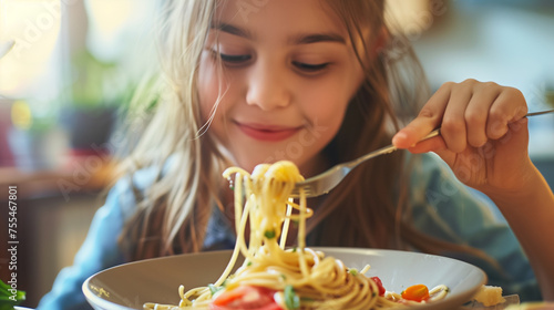 Smiling girl eating tasty pasta spaghetti  with tomato sauce at home kitchen  photo