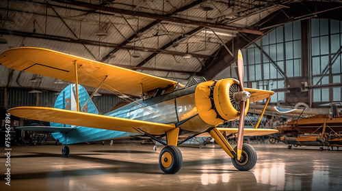 Classic aircraft with yellow and blue color scheme parked inside a hangar photo