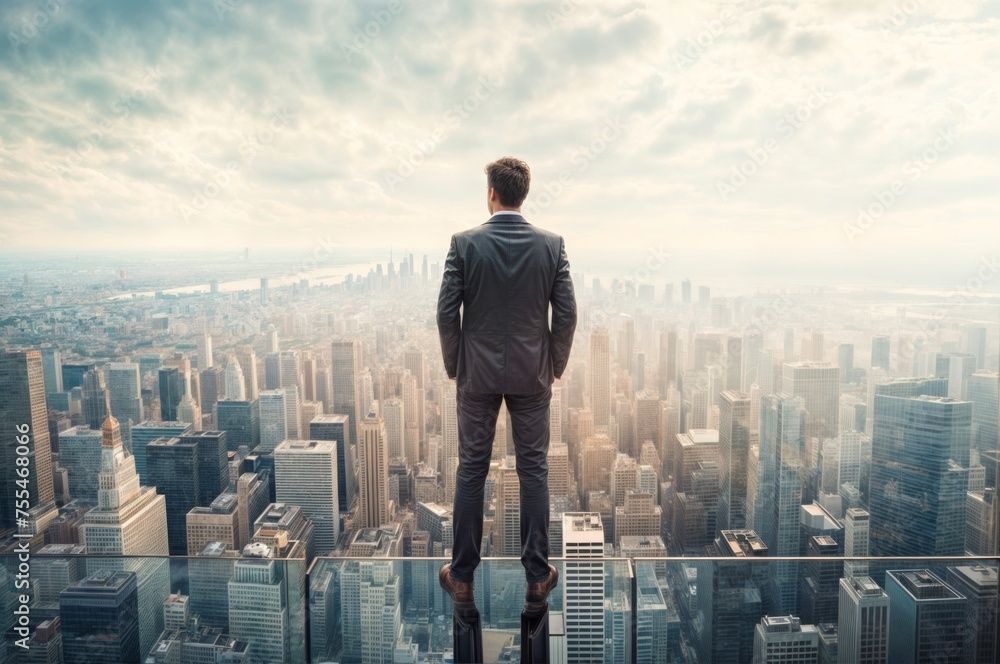 Back view of a young businessman standing on a rooftop looking at the city