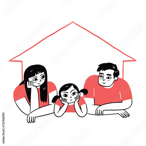 The parent and kid on the window of the house are looking at the front with their arms around.