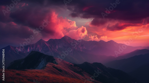 Mountain range under a cloudy sky with pink and purple hues during sunset