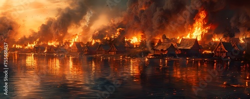 Viking Attack: A Medieval Village Engulfed in Flames. Concept Medieval Village, Viking Attack, Flames, Destruction, Warfare