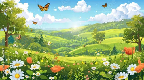 Landscape with flowers in a summer valley. Modern cartoon depicting a beautiful spring scene with butterflies flying above grass on hills, trees, and shrubs, fluffy white clouds in a blue sky.