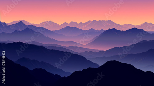A continuous range of mountains stretching as the sun sets