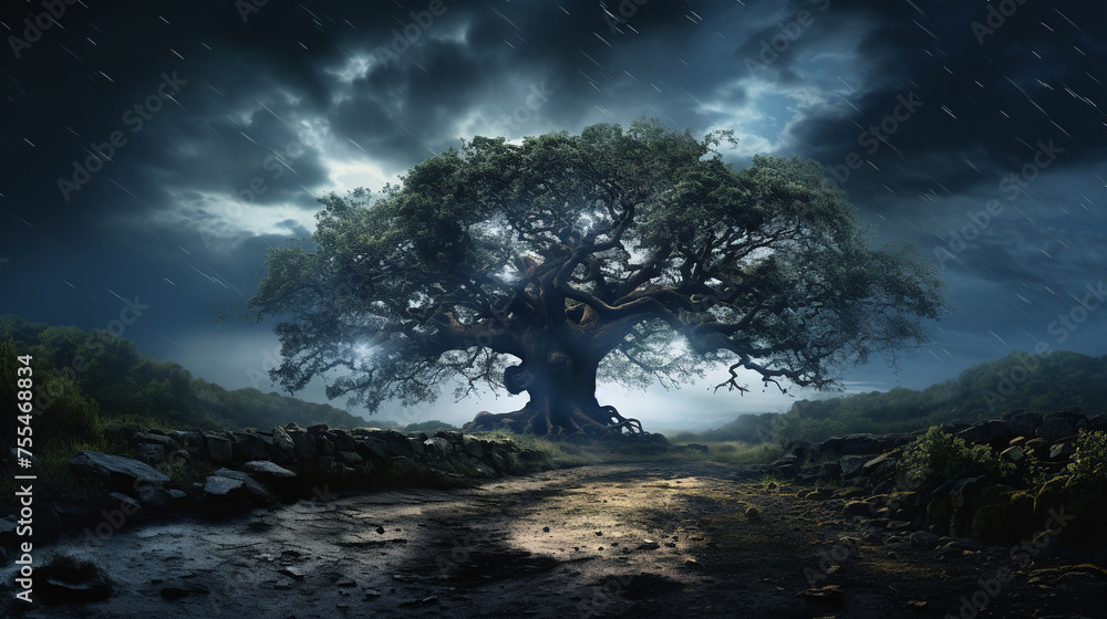 Oak tree at dirt road in the evening. Storm is coming concept Oak tree at dirt road in the evening. Storm is coming concept