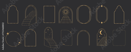 Golden thin line arch frame door stairs, sun and stars, mystic portal, astrology border, decoration, set minimal tatoo on dark background.