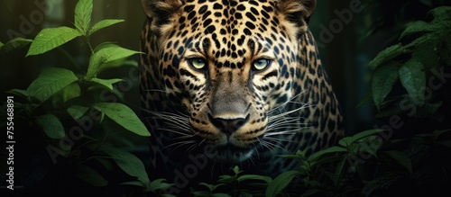 A large leopard  covered in beautiful spots  is seen walking gracefully through a dense and vibrant green forest. The wild cats powerful strides are visible as it navigates through the thick