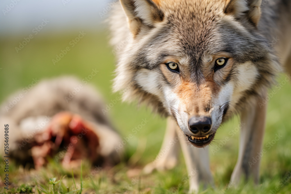 Wild wolf with dead hunted prey animal in blurry background