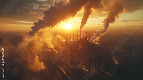 Aerial view on smoking factory pipes, smoke coming out of chimneys, ecological issues, social issues photo