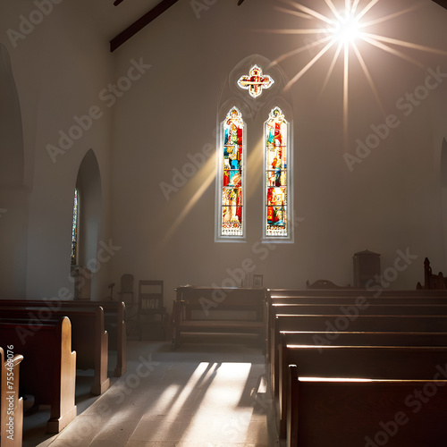 interior of church and sun light coming from window in church,