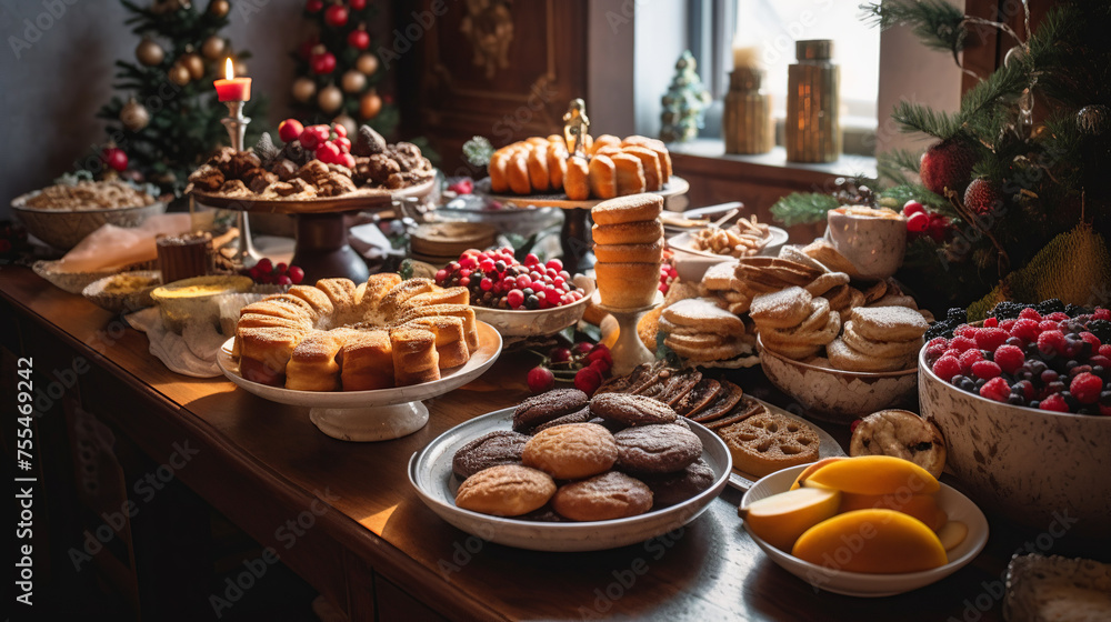 Assorted appetizers and delicious sweets. Holiday party food concept
